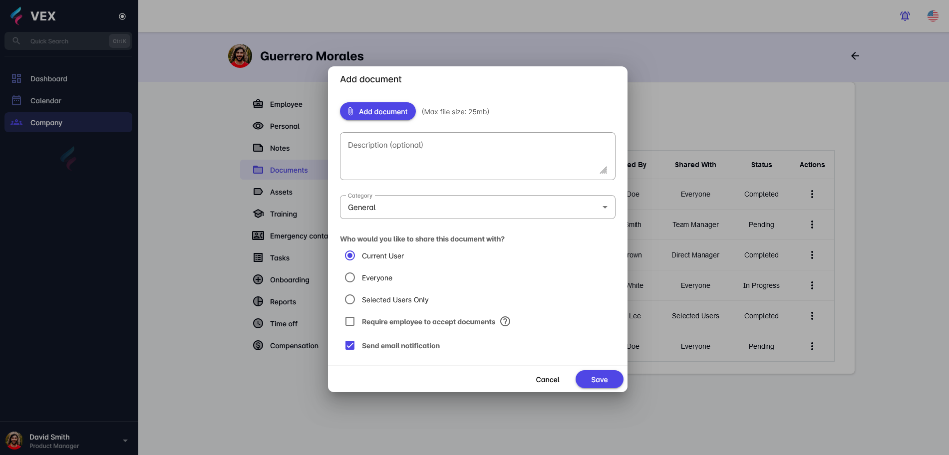 Employee add documents tab